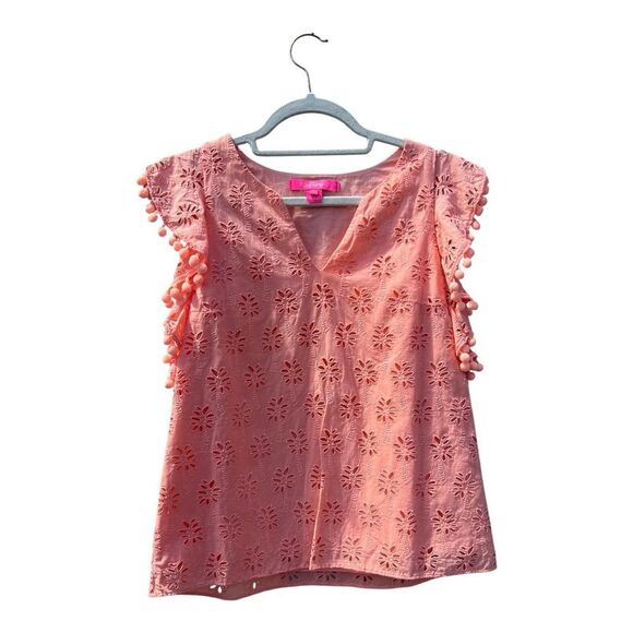Lilly Pulitzer Astara Pom-pom Top Peach Flamingo size XXS coastal boho resort - Picture 2 of 5